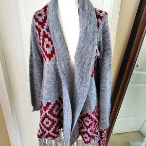 Women's Red and grey Aztec design loose tassel long open front cardigan sweater